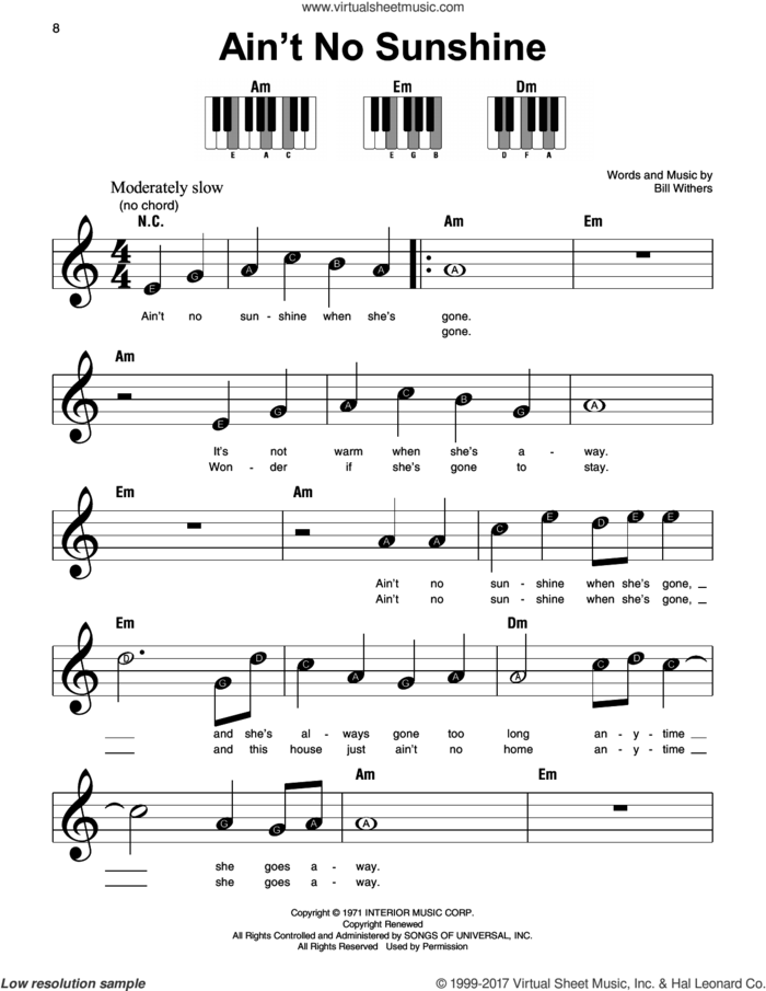 Ain't No Sunshine sheet music for piano solo by Bill Withers, beginner skill level
