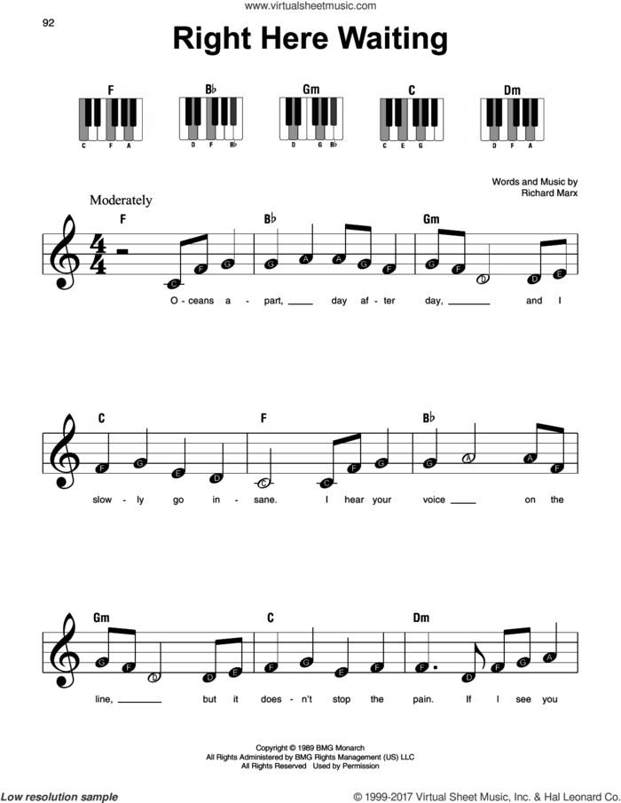 Right Here Waiting sheet music for piano solo by Richard Marx, beginner skill level
