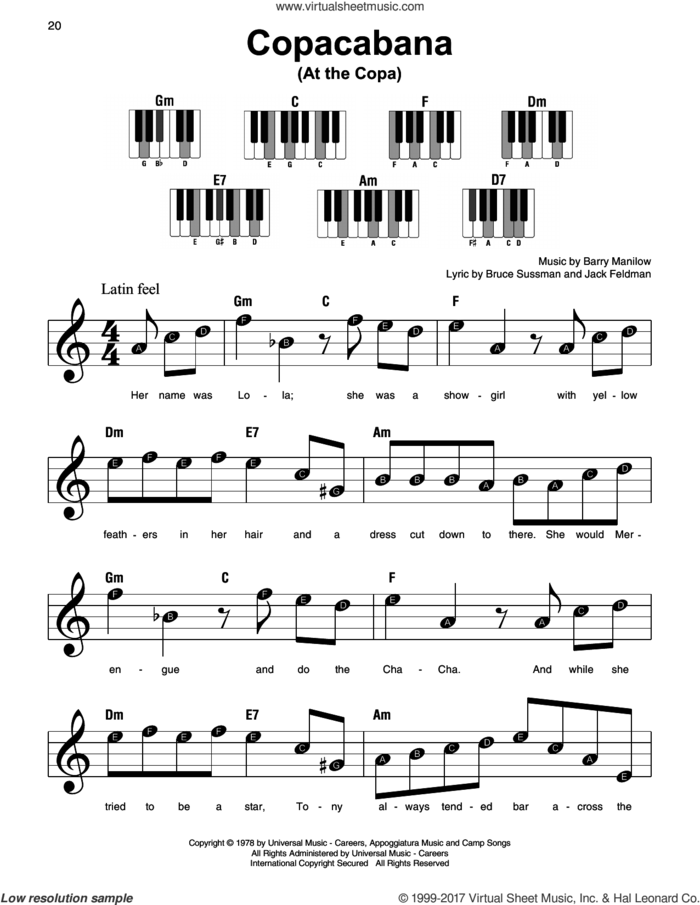 Copacabana (At The Copa), (beginner) sheet music for piano solo by Barry Manilow, Bruce Sussman and Jack Feldman, beginner skill level