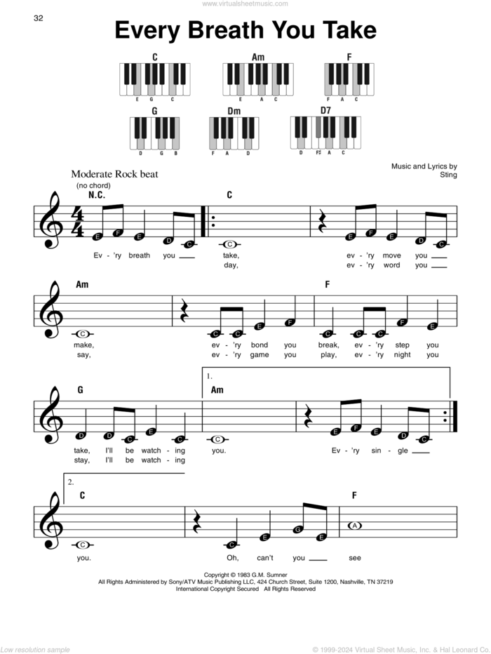 Every Breath You Take, (beginner) sheet music for piano solo by The Police and Sting, beginner skill level