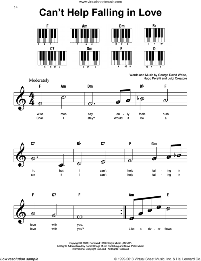 Can't Help Falling In Love sheet music for piano solo by Elvis Presley, George David Weiss, Hugo Peretti and Luigi Creatore, wedding score, beginner skill level