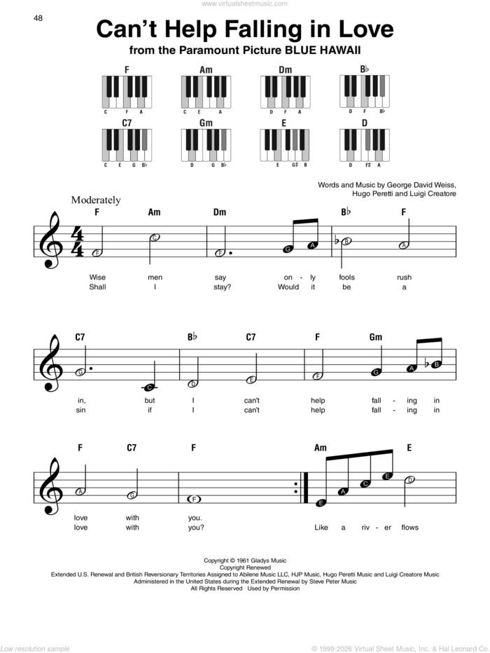 Can't Help Falling In Love sheet music for piano solo by Elvis Presley, George David Weiss, Hugo Peretti and Luigi Creatore, wedding score, beginner skill level