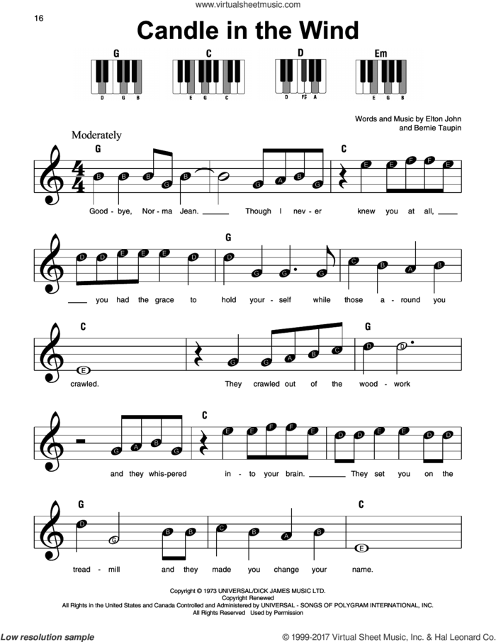 Candle In The Wind sheet music for piano solo by Elton John and Bernie Taupin, beginner skill level