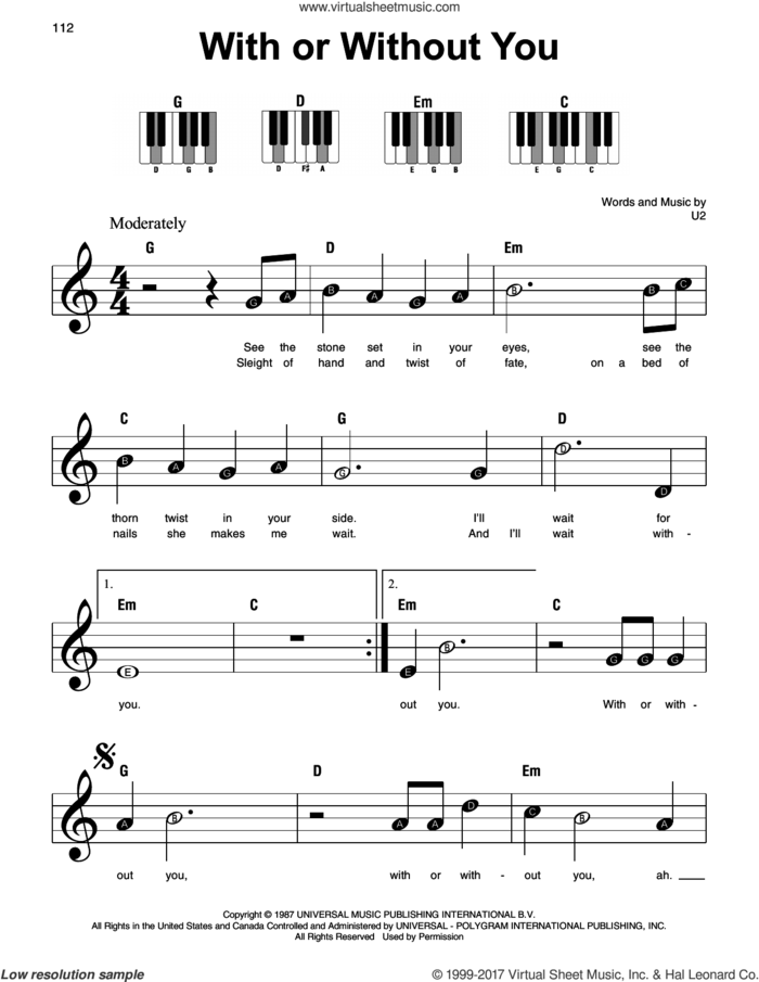 With Or Without You sheet music for piano solo by U2, beginner skill level