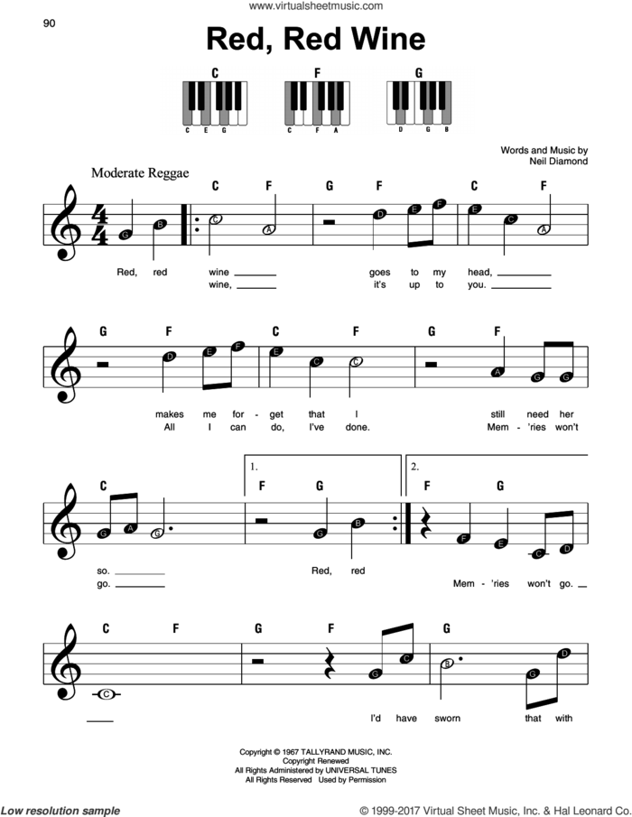 Red, Red Wine, (beginner) sheet music for piano solo by Neil Diamond, beginner skill level