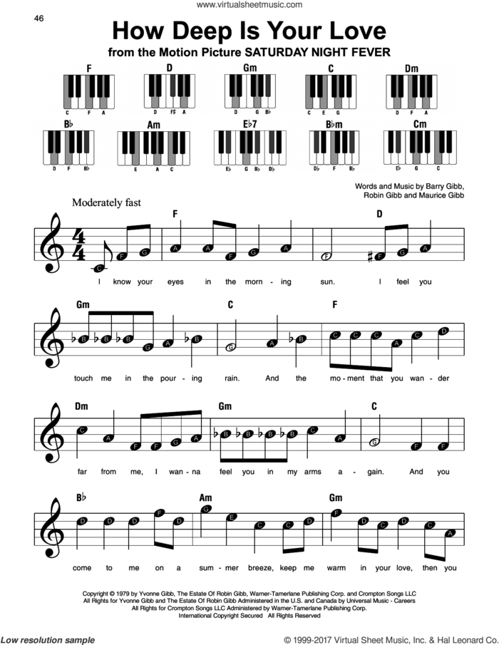 How Deep Is Your Love sheet music for piano solo by Barry Gibb, Bee Gees, Maurice Gibb and Robin Gibb, beginner skill level