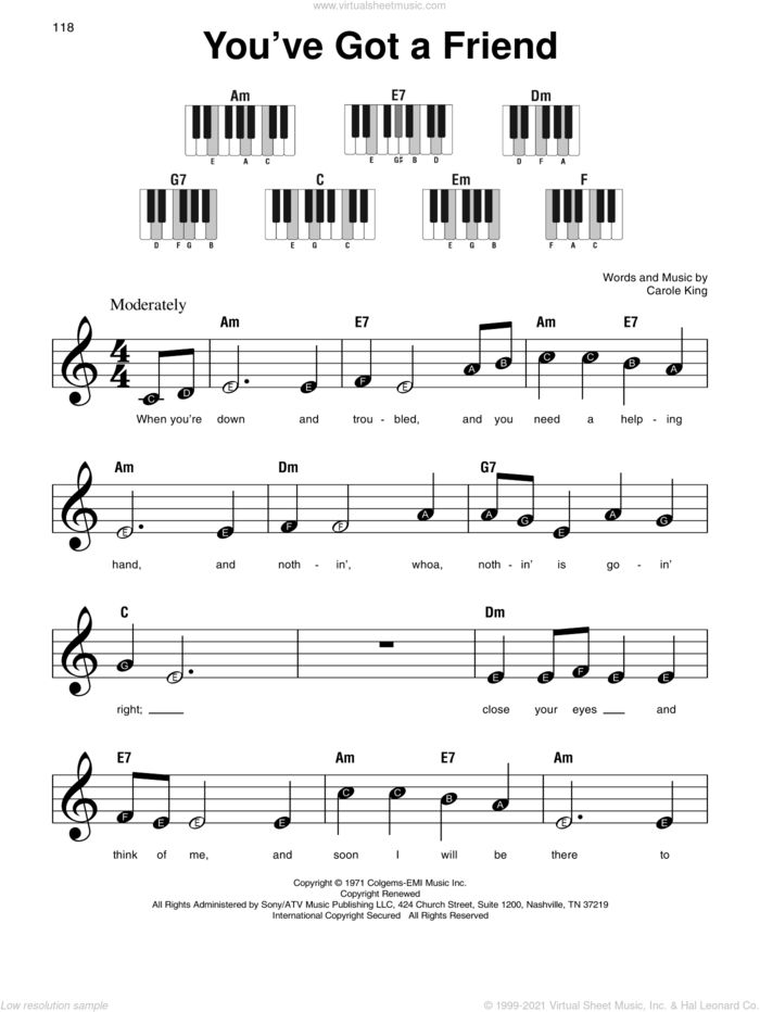 You've Got A Friend sheet music for piano solo by James Taylor and Carole King, beginner skill level