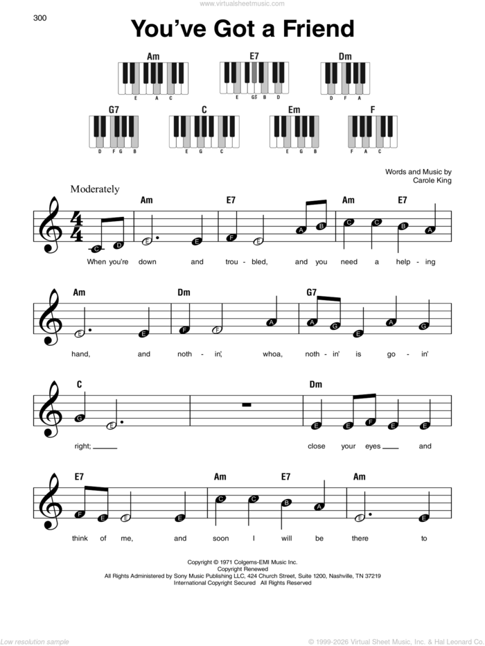 You've Got A Friend sheet music for piano solo by James Taylor and Carole King, beginner skill level