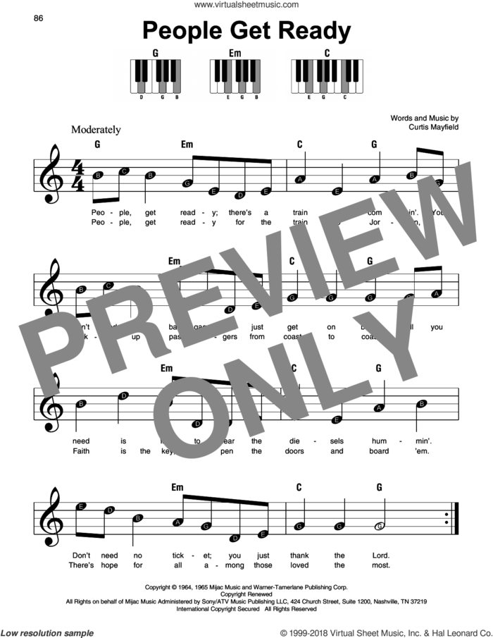 People Get Ready sheet music for piano solo by Curtis Mayfield and Bob Marley, beginner skill level