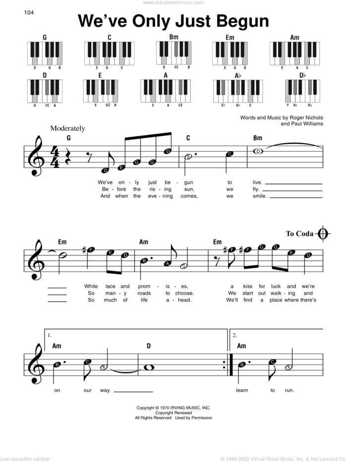 We've Only Just Begun sheet music for piano solo by Paul Williams, Carpenters and Roger Nichols, wedding score, beginner skill level