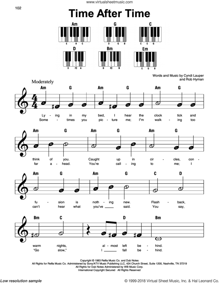 Time After Time sheet music for piano solo by Cyndi Lauper and Rob Hyman, beginner skill level