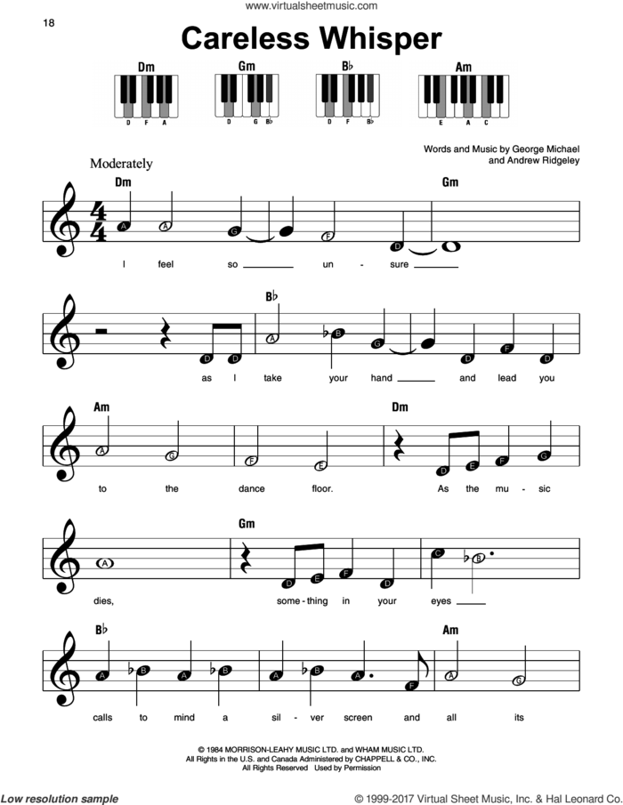 Careless Whisper sheet music for piano solo by Wham! featuring George Michael, Andrew Ridgeley and George Michael, beginner skill level