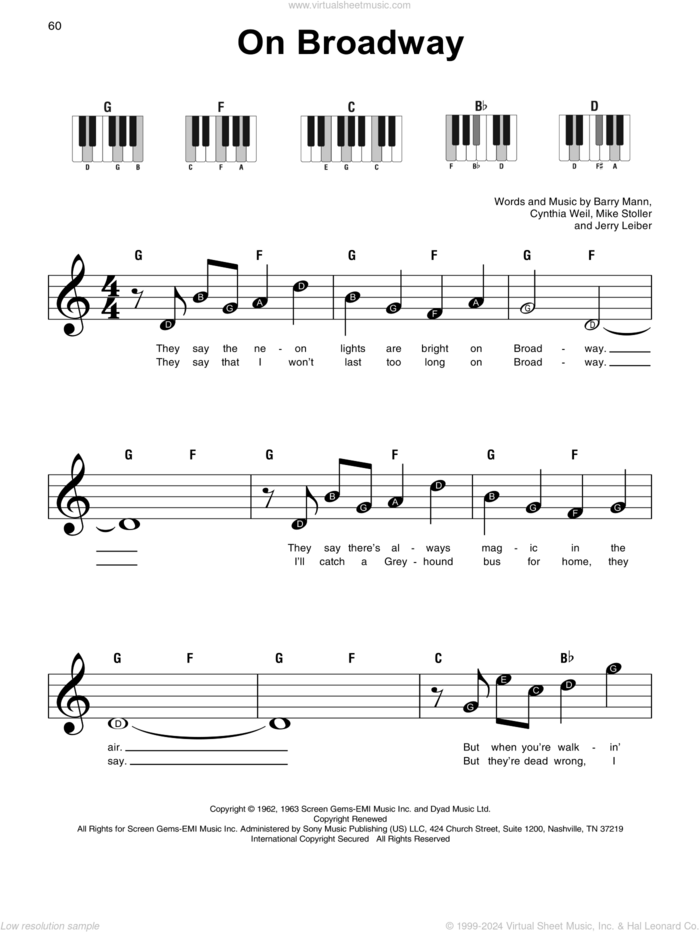 On Broadway sheet music for piano solo by George Benson, Barry Mann, Cynthia Weil, Jerry Leiber and Mike Stoller, beginner skill level