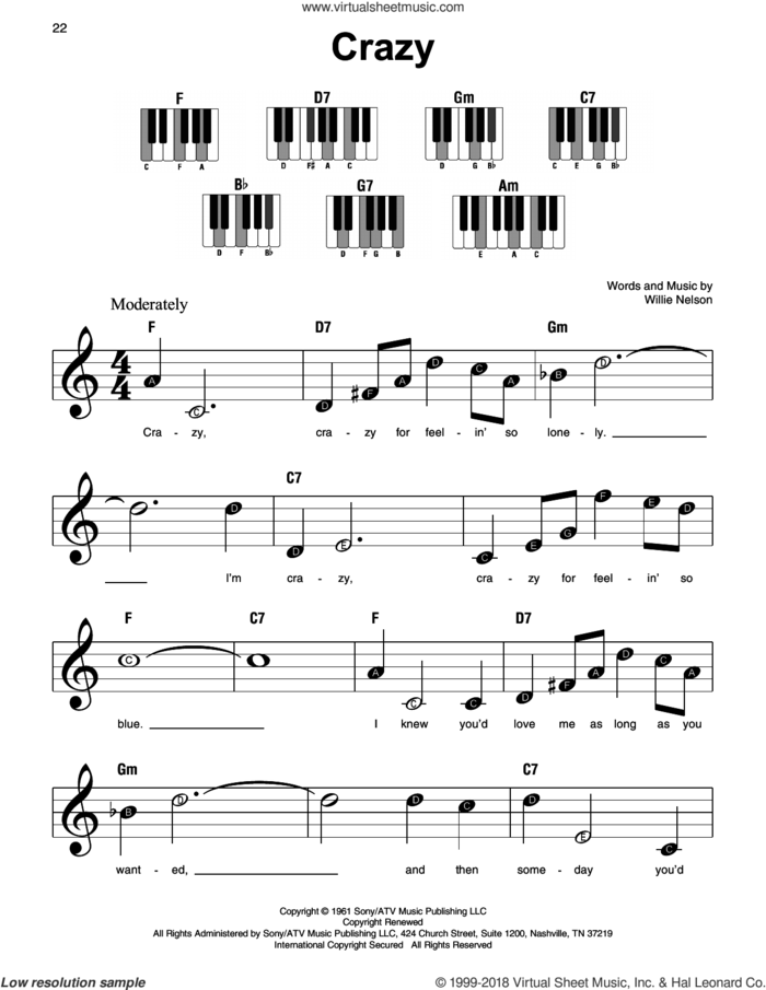 Crazy sheet music for piano solo by Willie Nelson and Patsy Cline, beginner skill level