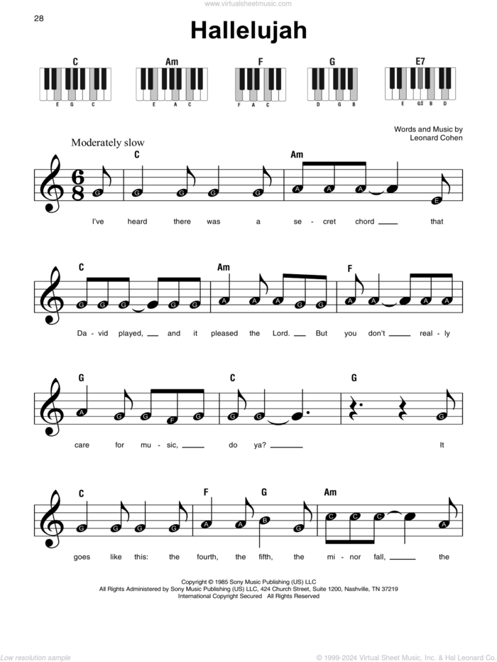 Hallelujah sheet music for piano solo by Leonard Cohen, beginner skill level