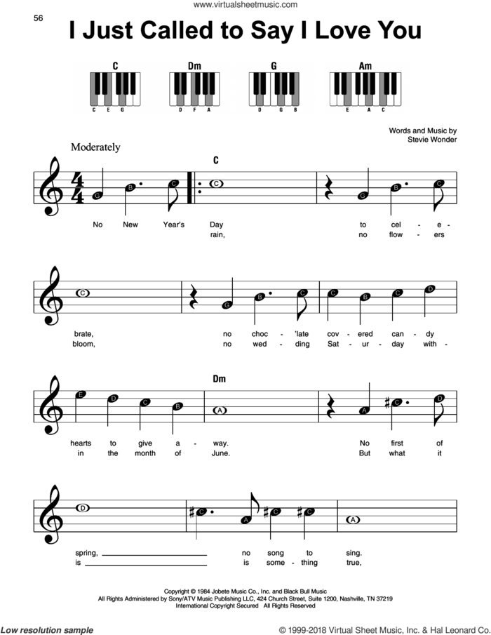 I Just Called To Say I Love You sheet music for piano solo by Stevie Wonder, beginner skill level