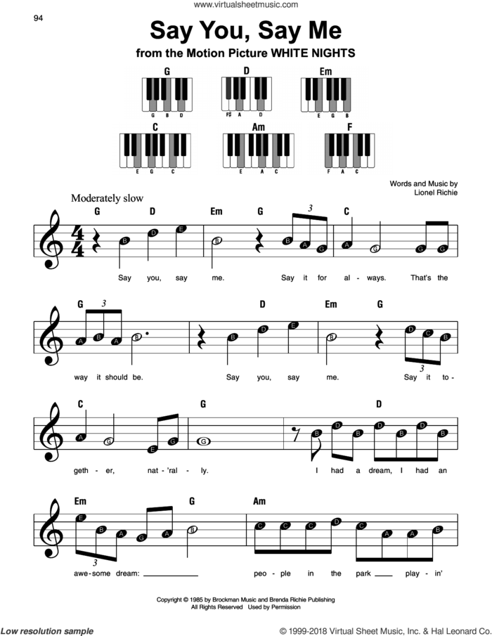 Say You, Say Me sheet music for piano solo by Lionel Richie, beginner skill level