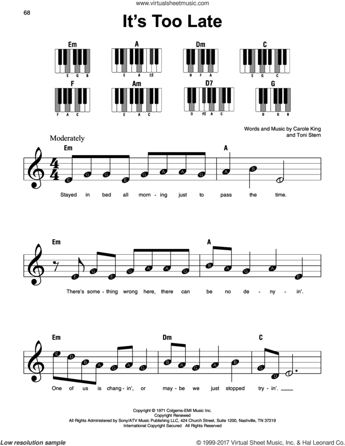 It's Too Late sheet music for piano solo by Carole King and Toni Stern, beginner skill level