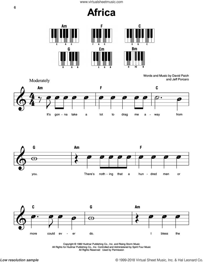 Africa sheet music for piano solo by Toto, David Paich and Jeff Porcaro, beginner skill level