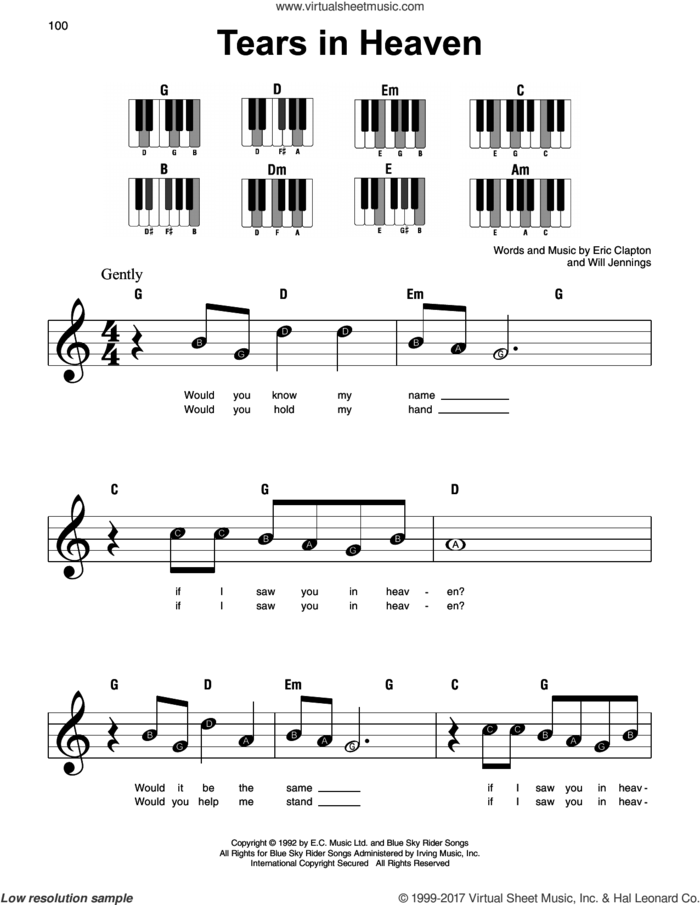 Tears In Heaven sheet music for piano solo by Eric Clapton and Will Jennings, beginner skill level