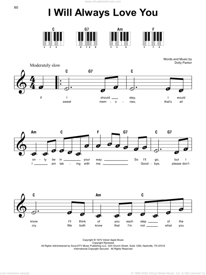 I Will Always Love You sheet music for piano solo by Whitney Houston and Dolly Parton, wedding score, beginner skill level