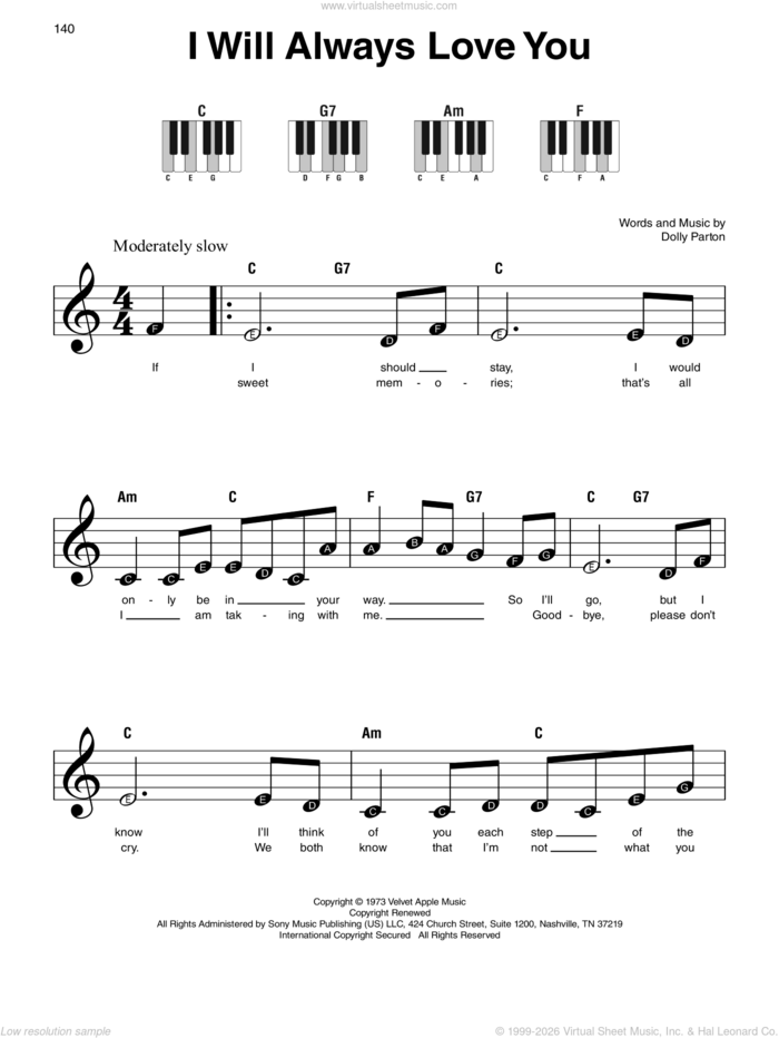 I Will Always Love You sheet music for piano solo by Whitney Houston and Dolly Parton, wedding score, beginner skill level