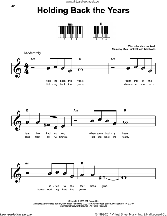 Holding Back The Years sheet music for piano solo by Simply Red, Mick Hucknall and Neil Moss, beginner skill level