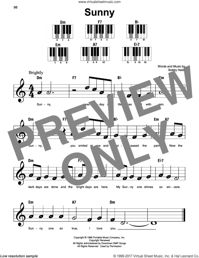 Sunny sheet music for piano solo by Bobby Hebb, beginner skill level