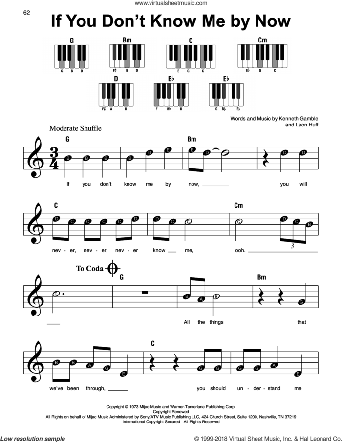 If You Don't Know Me By Now sheet music for piano solo by Harold Melvin & The Blue Notes, Kenneth Gamble and Leon Huff, beginner skill level