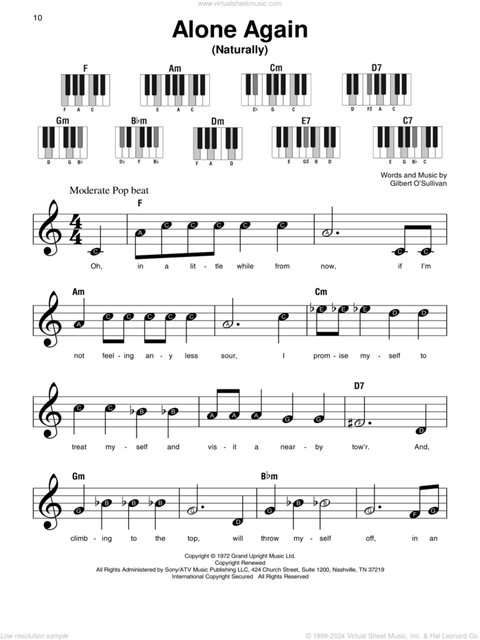 Alone Again (Naturally) sheet music for piano solo by Gilbert O'Sullivan, beginner skill level