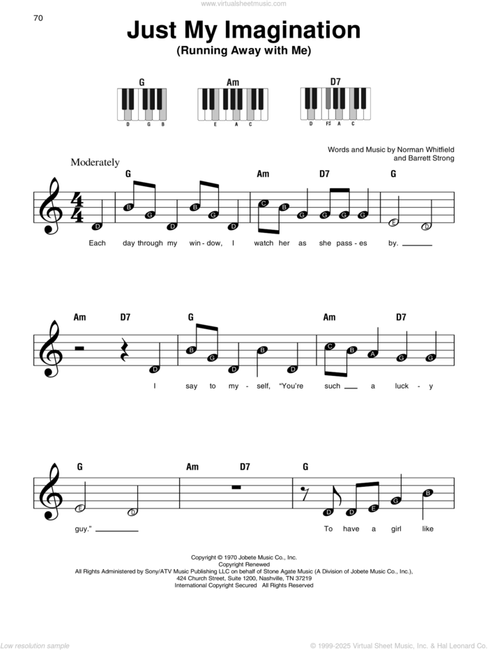 Just My Imagination (Running Away With Me) sheet music for piano solo by The Temptations, Barrett Strong and Norman Whitfield, beginner skill level