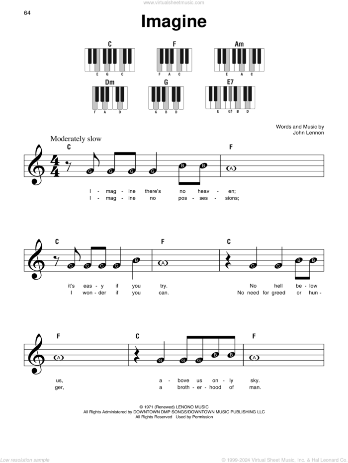 Imagine sheet music for piano solo by John Lennon, beginner skill level