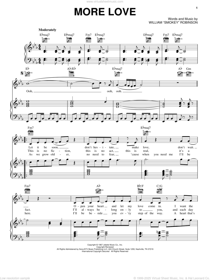 More Love sheet music for voice, piano or guitar by William 'Smokey' Robinson, intermediate skill level