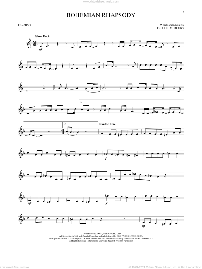 Bohemian Rhapsody sheet music for trumpet solo by Queen and Freddie Mercury, intermediate skill level