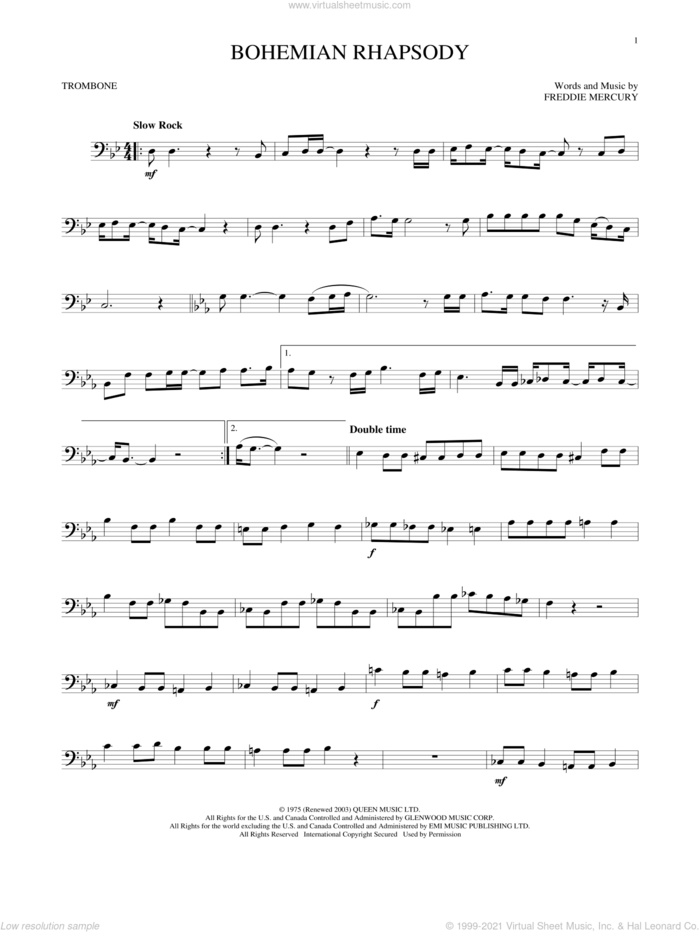 Bohemian Rhapsody sheet music for trombone solo by Queen and Freddie Mercury, intermediate skill level