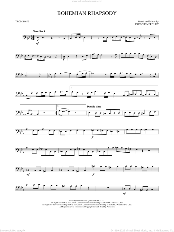 Bohemian Rhapsody sheet music for trombone solo by Queen and Freddie Mercury, intermediate skill level