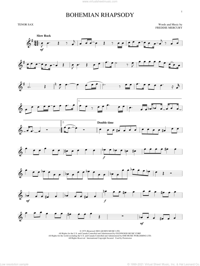 Bohemian Rhapsody sheet music for tenor saxophone solo by Queen and Freddie Mercury, intermediate skill level