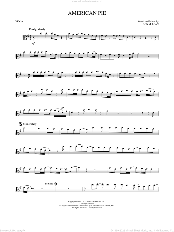 American Pie sheet music for viola solo by Don McLean, intermediate skill level