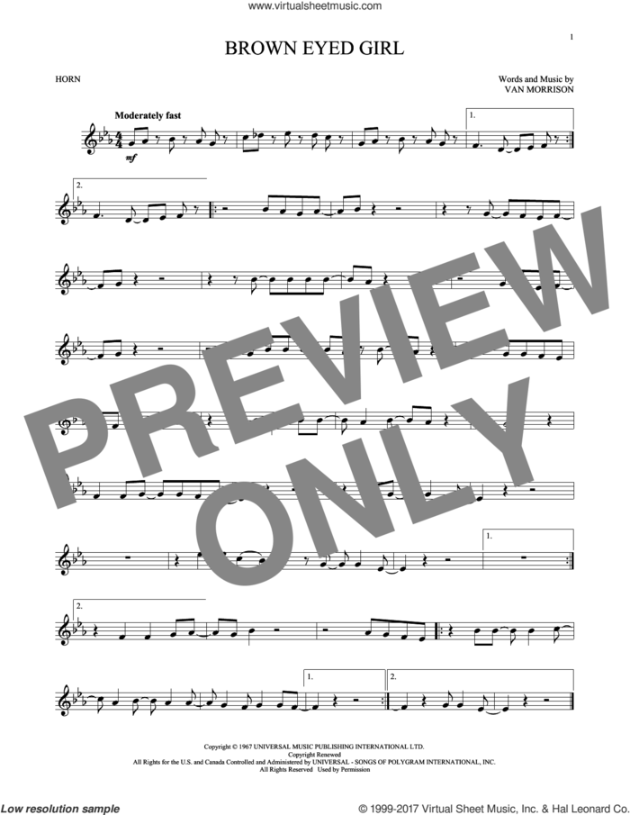 Brown Eyed Girl sheet music for horn solo by Van Morrison, intermediate skill level
