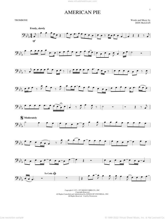 American Pie sheet music for trombone solo by Don McLean, intermediate skill level