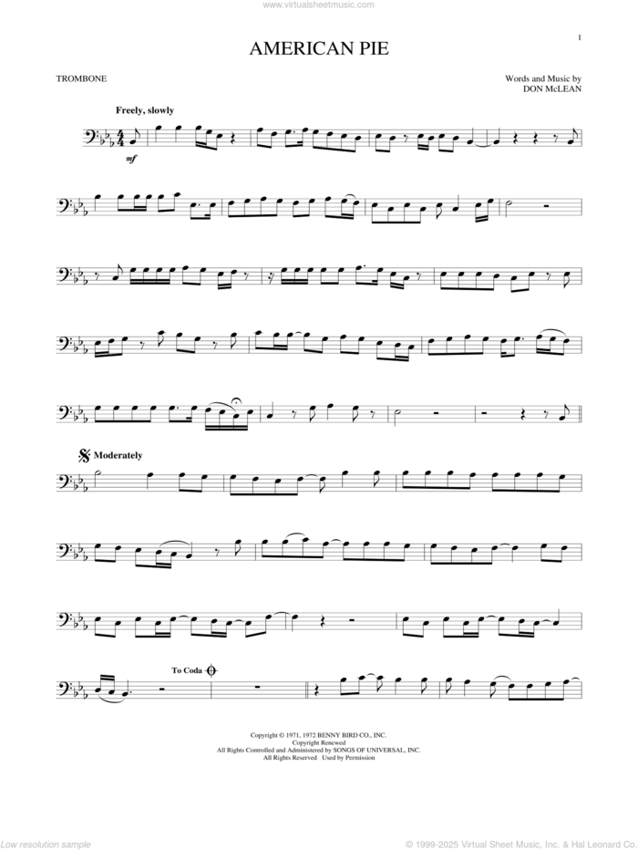 American Pie sheet music for trombone solo by Don McLean, intermediate skill level