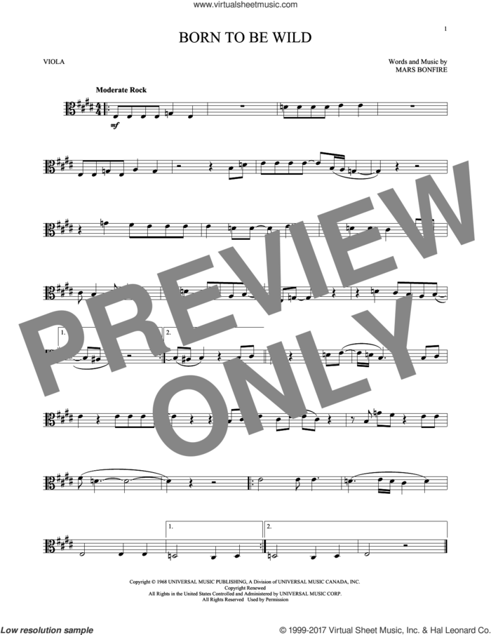 Born To Be Wild sheet music for viola solo by Steppenwolf and Mars Bonfire, intermediate skill level
