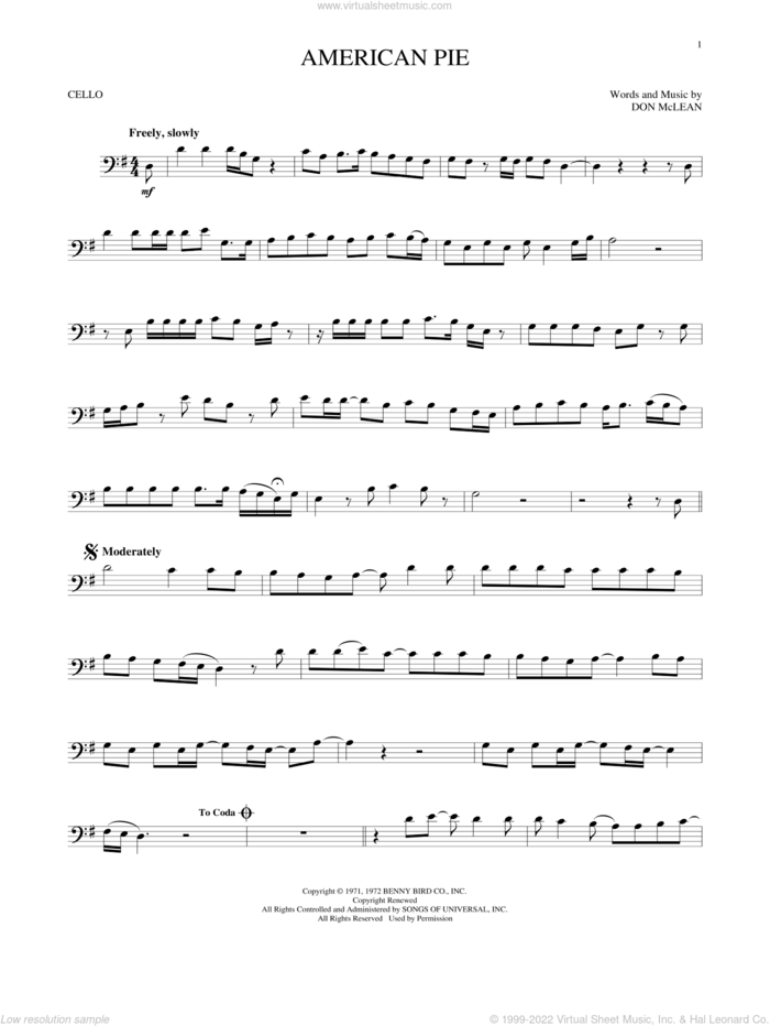 American Pie sheet music for cello solo by Don McLean, intermediate skill level