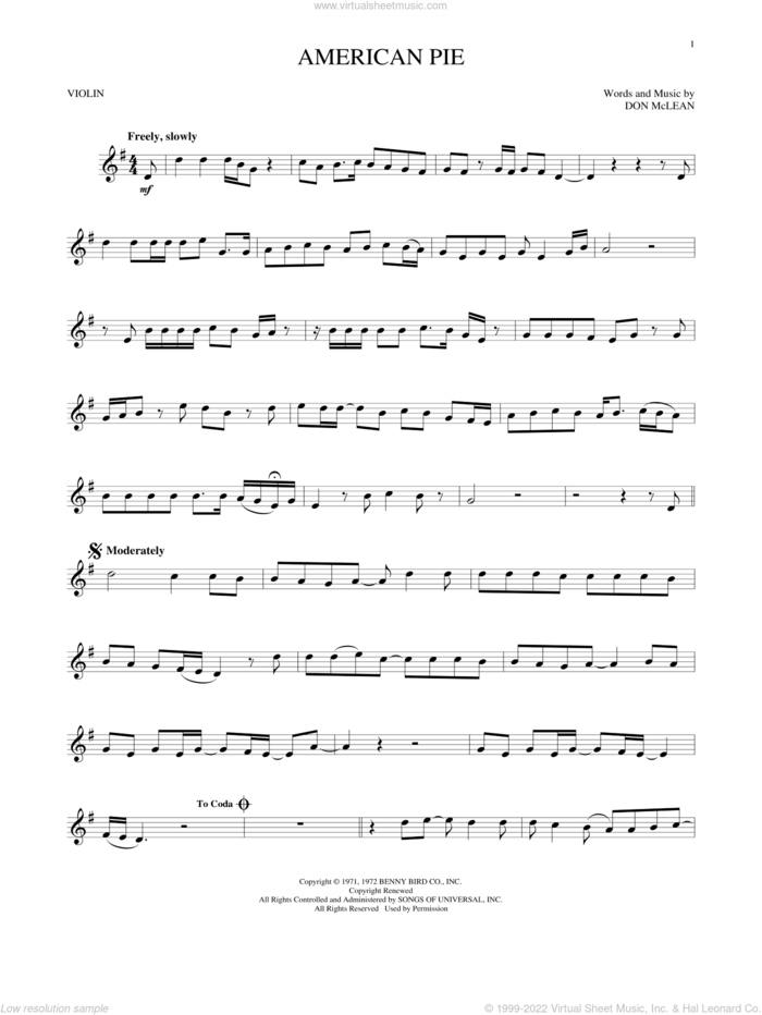 American Pie sheet music for violin solo by Don McLean, intermediate skill level