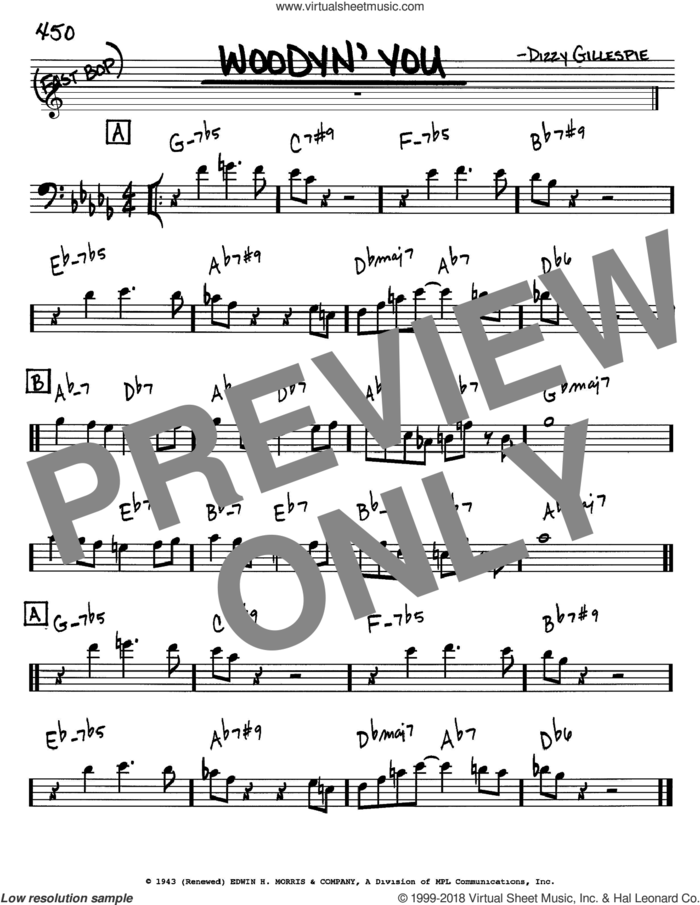 Woodyn' You sheet music for voice and other instruments (bass clef) by Dizzy Gillespie, intermediate skill level