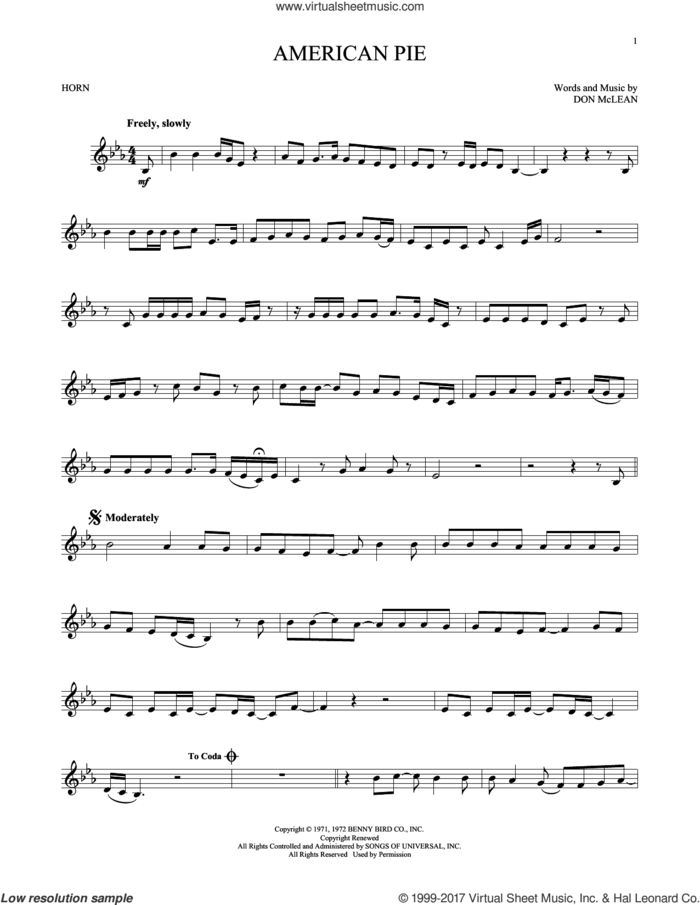 American Pie sheet music for horn solo by Don McLean, intermediate skill level