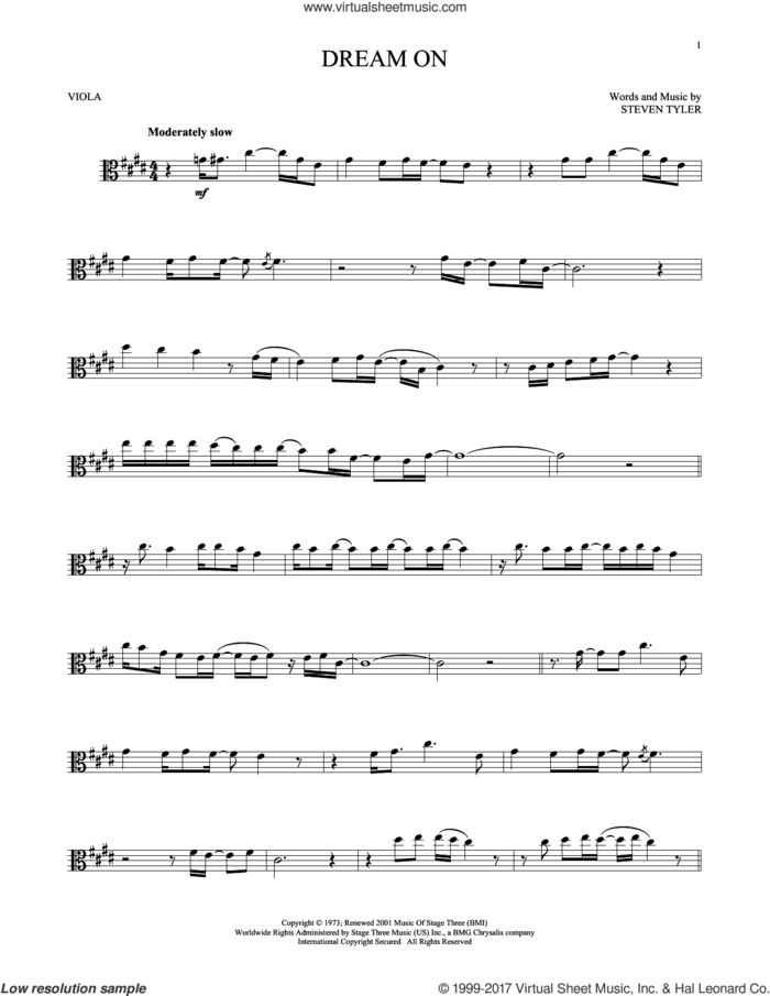 Dream On sheet music for viola solo by Aerosmith and Steven Tyler, intermediate skill level