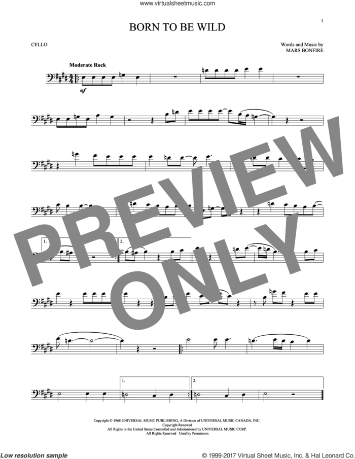 Born To Be Wild sheet music for cello solo by Steppenwolf and Mars Bonfire, intermediate skill level