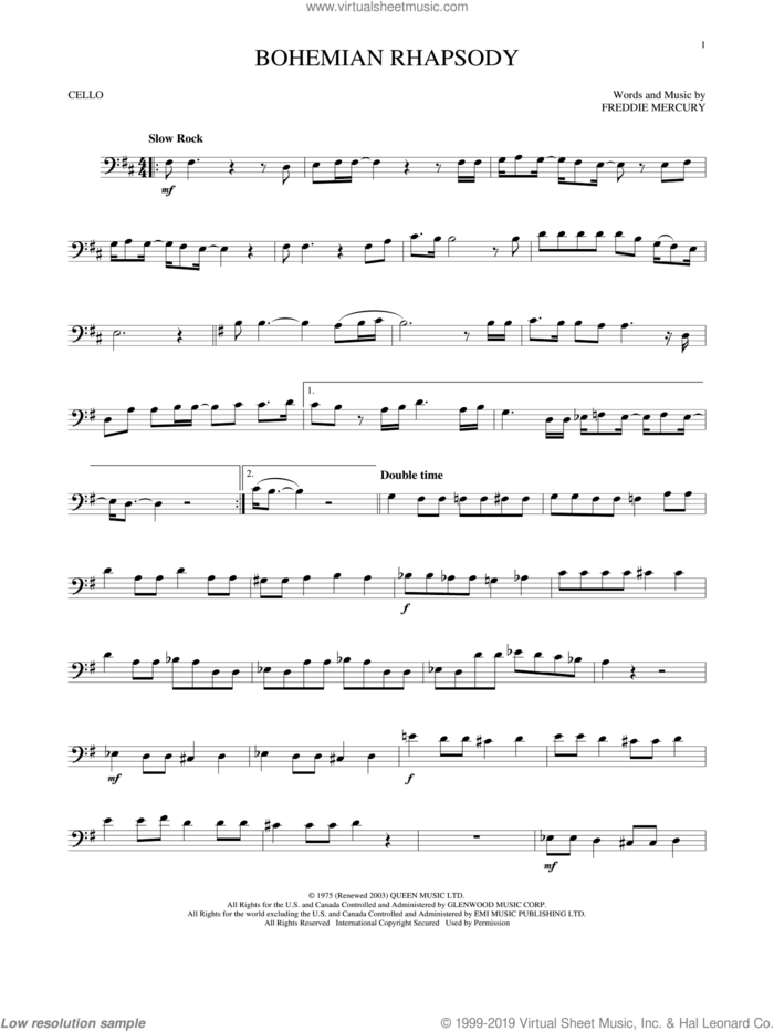 Bohemian Rhapsody sheet music for cello solo by Queen and Freddie Mercury, intermediate skill level