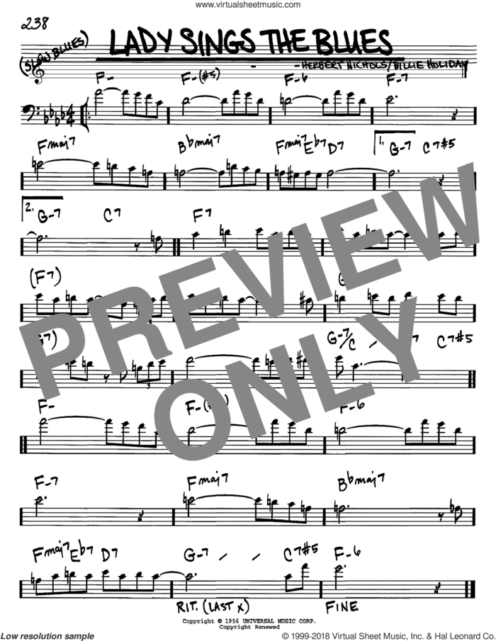 Lady Sings The Blues sheet music for voice and other instruments (bass clef) by Billie Holiday and Herbie Nichols, intermediate skill level